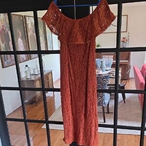 Lulu's Rust Lace One-Shoulder Maxi Dress